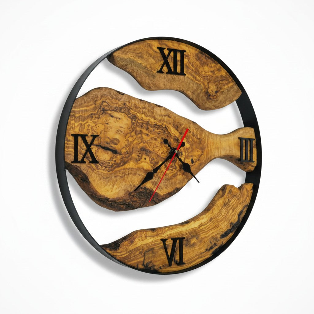 Minimalist Round Olive Wood Wall Clock | Luxury Metal Hoop Statement Clock