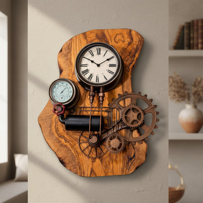 Industrial Steampunk Roman Numeral Olive Wood Clock | Luxury Live Edge Wall Art