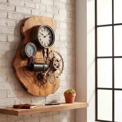 Industrial Steampunk Roman Numeral Olive Wood Clock | Luxury Live Edge Wall Art
