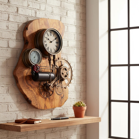 Industrial Steampunk Roman Numeral Olive Wood Clock | Luxury Live Edge Wall Art