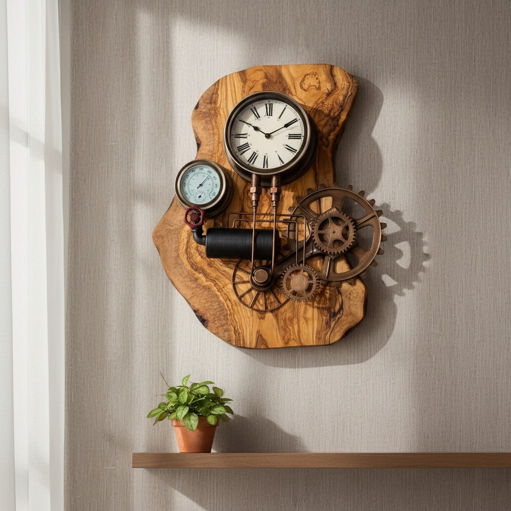 Industrial Steampunk Roman Numeral Olive Wood Clock | Luxury Live Edge Wall Art