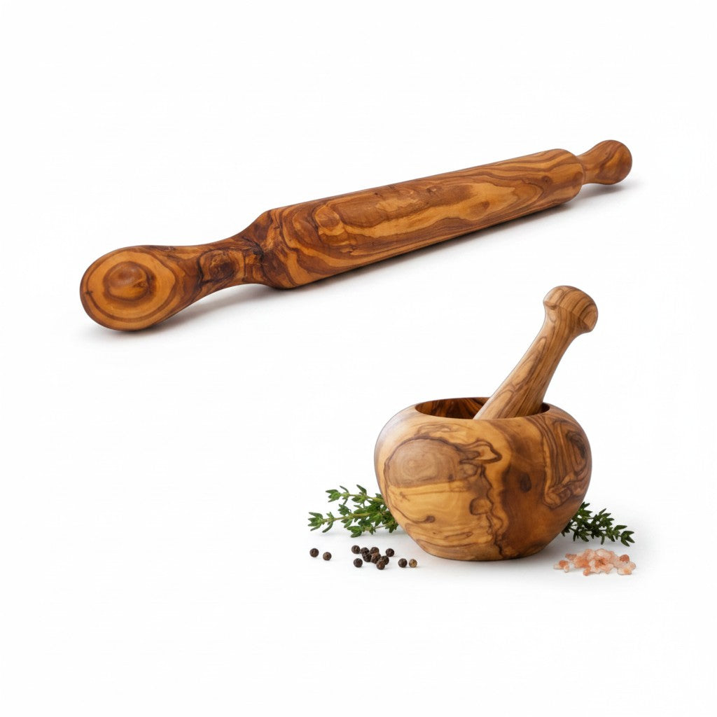 Handmade Olive Wood Baker's Gift Set | 40 cm Rolling Pin & 12 cm Mortar and Pestle Bundle | Beautiful Natural Grain | Perfect Baking Gift