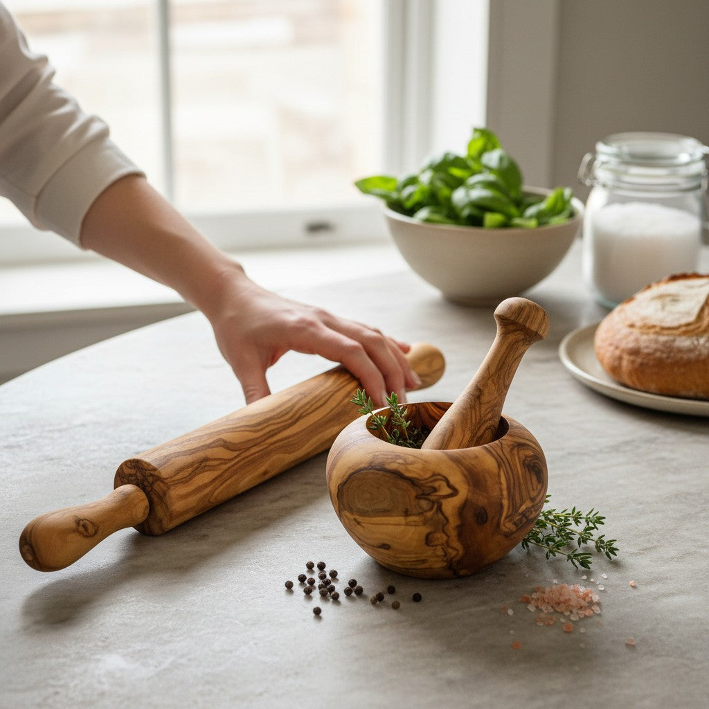 Handmade Olive Wood Baker's Gift Set | 40 cm Rolling Pin & 12 cm Mortar and Pestle Bundle | Beautiful Natural Grain | Perfect Baking Gift