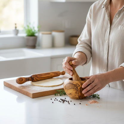 Handmade Olive Wood Baker's Gift Set | 40 cm Rolling Pin & 12 cm Mortar and Pestle Bundle | Beautiful Natural Grain | Perfect Baking Gift