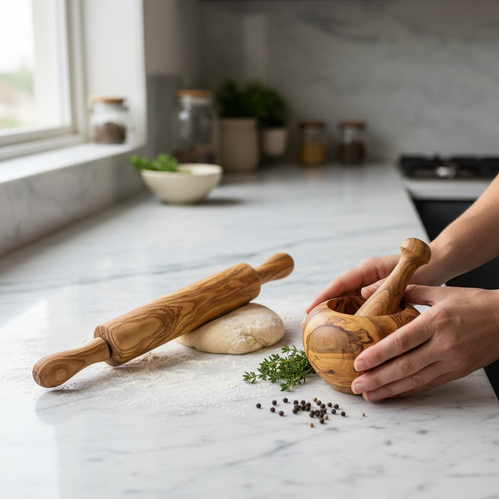 Handmade Olive Wood Baker's Gift Set | 40 cm Rolling Pin & 12 cm Mortar and Pestle Bundle | Beautiful Natural Grain | Perfect Baking Gift