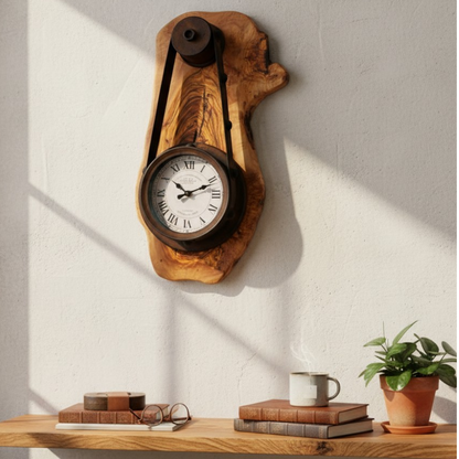 Industrial Pulley Belt Olive Wood Wall Clock | Steampunk Mechanical Statement Clock