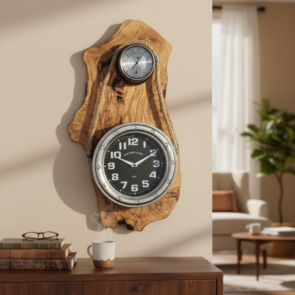 Olive Wood Wall Clock | Luxury Maritime Weather Station Decor
