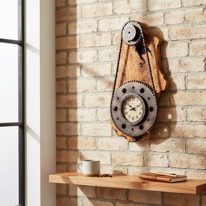 Industrial Gear & Chain Olive Wood Wall Clock | Luxury Steampunk Sprocket Statement Decor