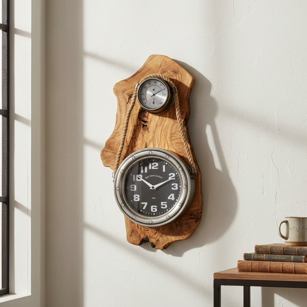 Olive Wood Wall Clock | Luxury Maritime Weather Station Decor