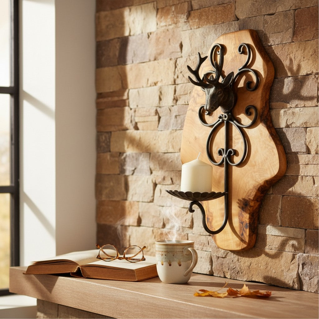 Rustic Olive Wood Stag Candle Holder Wall Sconce | Luxury Live Edge Deer Decor