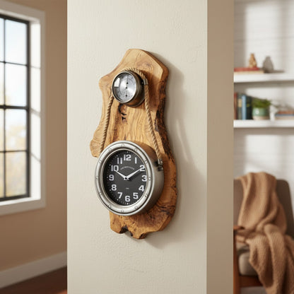 Olive Wood Wall Clock | Luxury Maritime Weather Station Decor