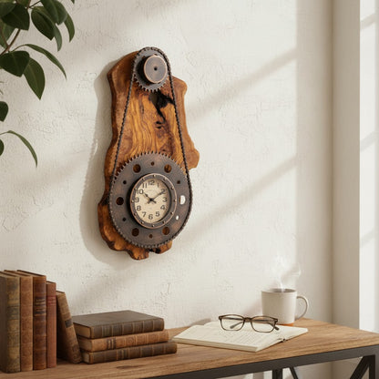 Industrial Gear & Chain Olive Wood Wall Clock | Luxury Steampunk Sprocket Statement Decor