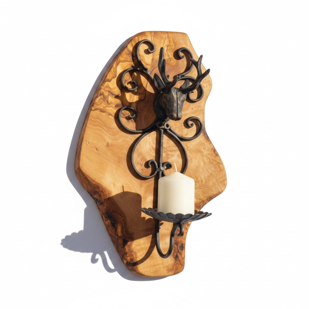 Rustic Olive Wood Stag Candle Holder Wall Sconce | Luxury Live Edge Deer Decor