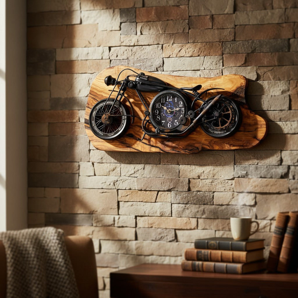Motorcycle Olive Wood Clock | Vintage Luxury Wall Art