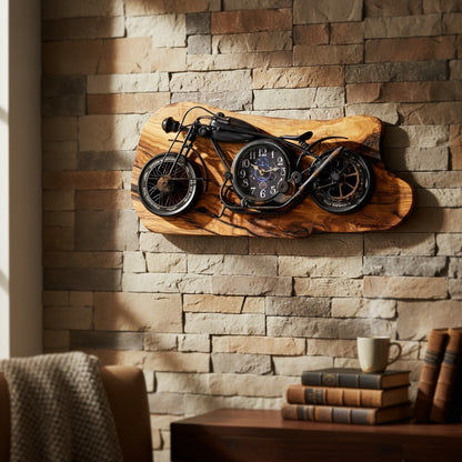 Motorcycle Olive Wood Clock | Vintage Luxury Wall Art