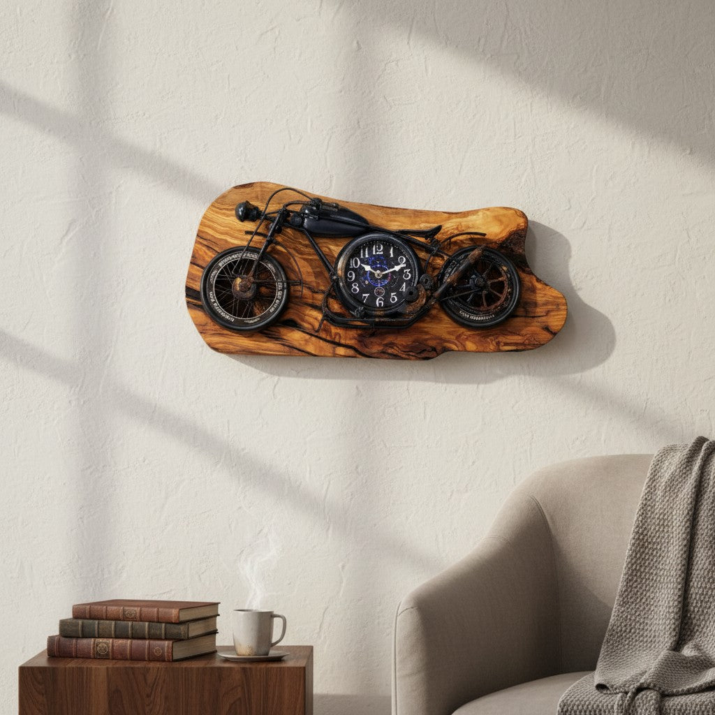 Motorcycle Olive Wood Clock | Vintage Luxury Wall Art
