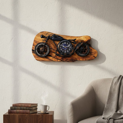 Motorcycle Olive Wood Clock | Vintage Luxury Wall Art