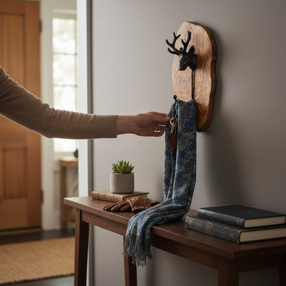 Freeform Olive Wood Stag Head Wall Hook | Luxury Cast Iron Deer Antler Coat Hanger