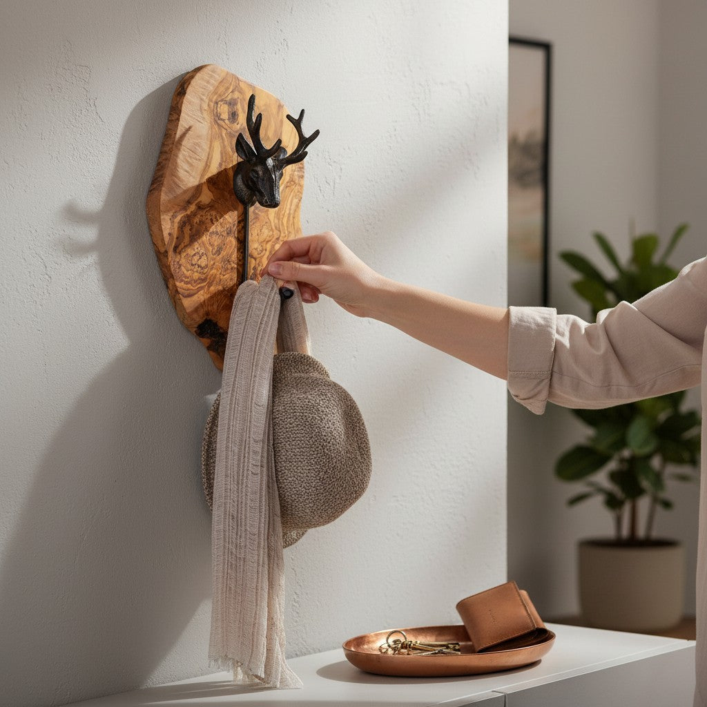 Freeform Olive Wood Stag Head Wall Hook | Luxury Cast Iron Deer Antler Coat Hanger