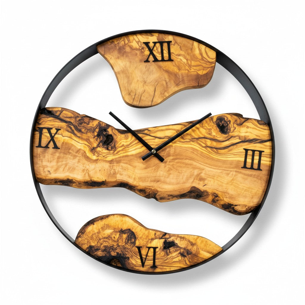 Minimalist Round Olive Wood Wall Clock | Luxury Metal Hoop Statement Clock