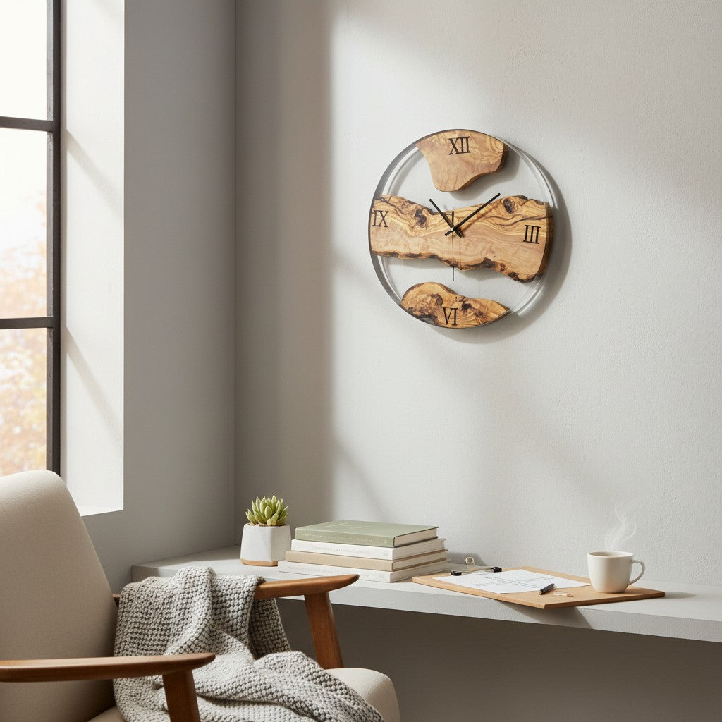Minimalist Round Olive Wood Wall Clock | Luxury Metal Hoop Statement Clock