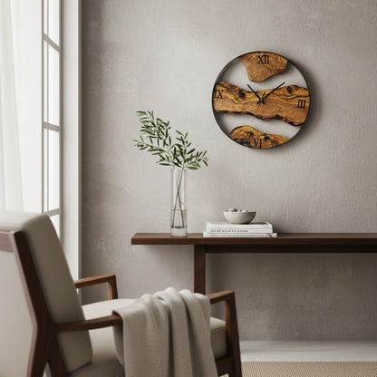 Minimalist Round Olive Wood Wall Clock | Luxury Metal Hoop Statement Clock