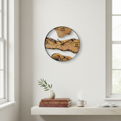 Minimalist Round Olive Wood Wall Clock | Luxury Metal Hoop Statement Clock